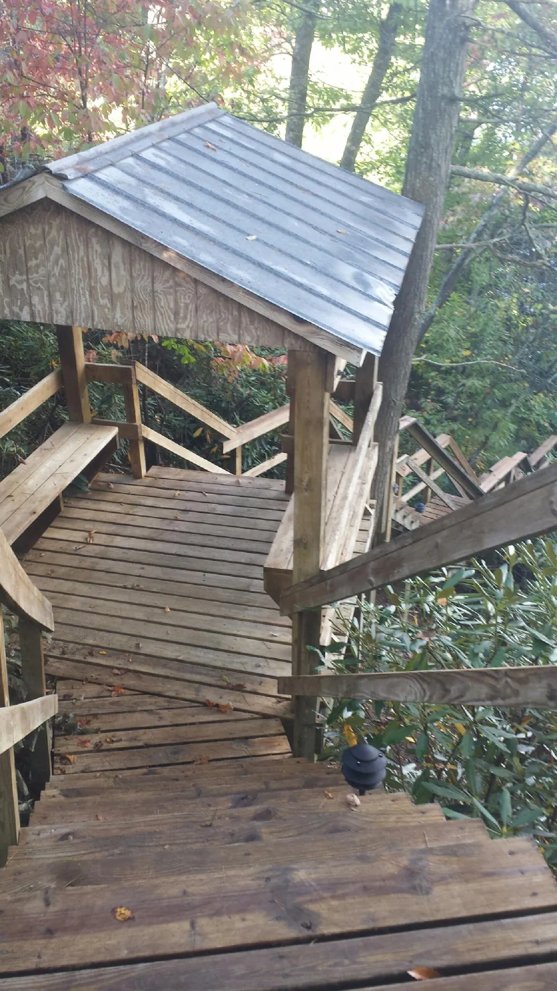 Metal roofed shelter over wooden steps on a wooded walkway — Skylight Repair & Installation work by our crew in Lostant